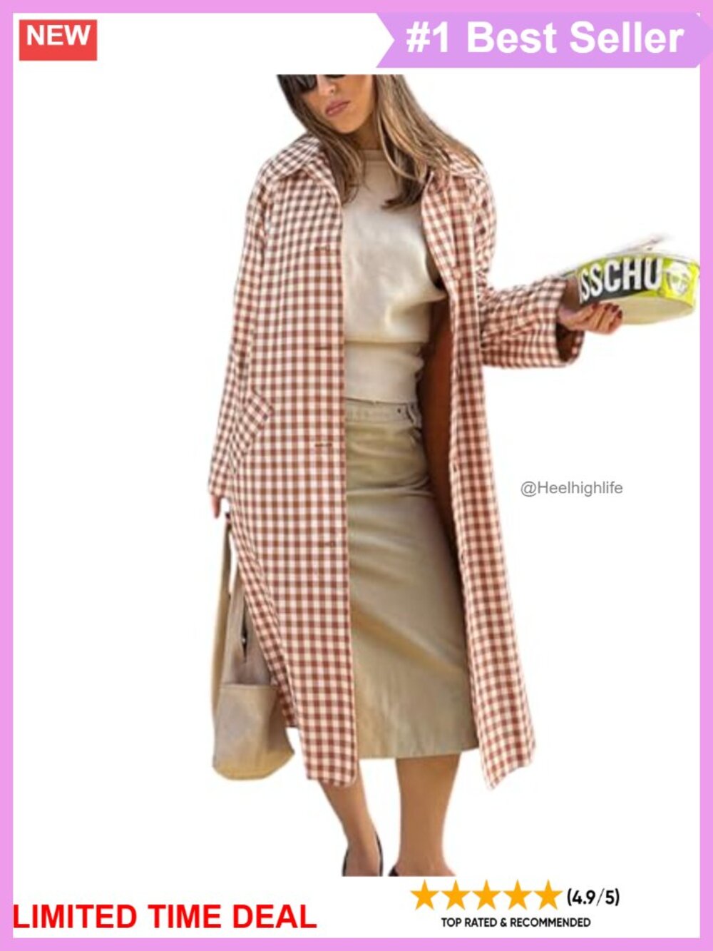 Plaid Long Trench Coat Single Breasted Button Up Overcoat